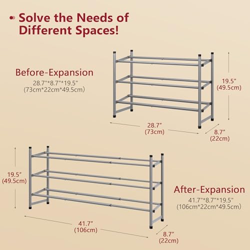 Tajsoon Expandable Shoe Rack for Closet 3 Tier, 28“-41“Adjustable & Stackable Shoe Shelf Storage, Metal Shoe Rack Organizer for Front Door Entrance, Closet, Garage, Entryway, Grey - color: Grey, size: 3 Tier