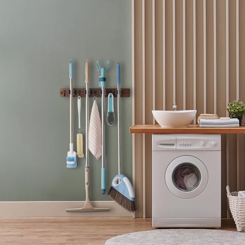 OUTNILI Mop and Broom Holder Wall Mount - Wood Broom Mop Hanger - Wall Mounted Garden Tool Rack Organizer for Closet Garage Laundry Room, Rustic Kitchen Decor With 4 Slots & 4 Hooks - color: Brown-4 Grips, size: 1 Pack