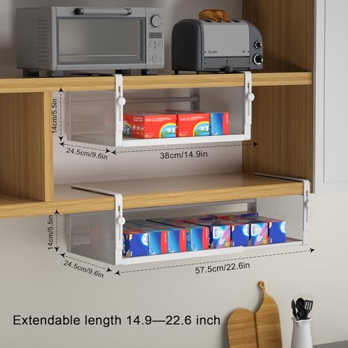 AmonHouseware 2Pack Under Shelf Basket, Adjustable Hanging Under Cabinet Shelf Storage, Hanging Holder Length Stretchable 14.9-22.6Inch for Kitchen Pantry Desk Counter Bookshelf Cupboard (White) - color: White