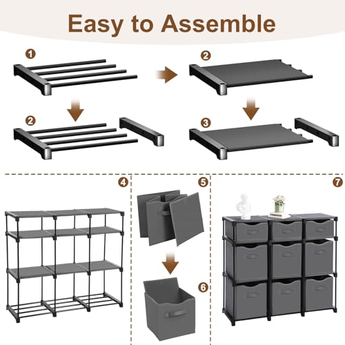 9 Cube Storage Organizer Shelf with Storage Bins and Label, 11 Inch Toy Cube Bins Clothes Closet Organizers Drawers Fabric Dresser for Living Room, Bedroom, Playroom, Dorm(Gray) - color: Gray