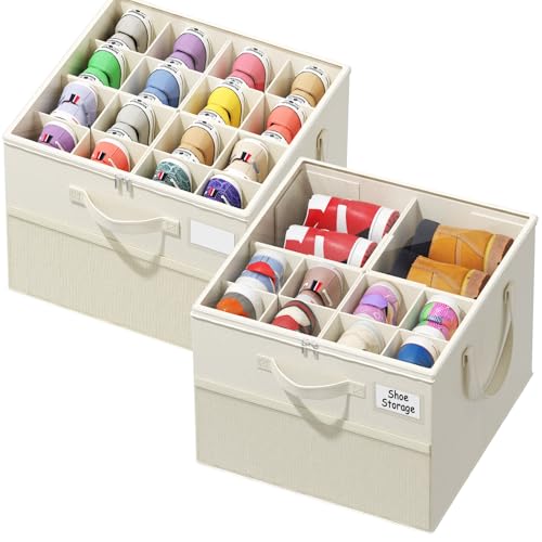 NestOrganix 2 Pack Shoe Organizer for Closet, Large Shoe Box Storage Containers, Foldable Shoe Storage Organizer Box Bin with Adjustable Dividers and Clear Cover, Space Saving Shoes Holder, Beige - color: Beige