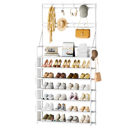 OYREL Shoe Rack 7 Tier Sturdy Shoe Racks for Closet Shoes Organizer for 28-35 Pairs Large Capacity Shoe Storage Rack with Multifunctional 5 Hooks and Side Pocket for Entrance Entryway - color: White, size: 7 Tier