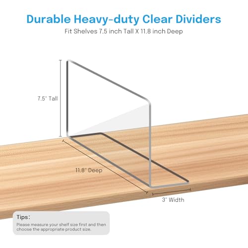 OKPOW Shelf Dividers Closet Organizer - 7.5" Tall X 11.8" Deep Acrylic Clear Sturdy Separate for Clothes Purse - Adjustable Space Saver Easy Install for Home Organization Enthusiasts 4 Pack - color: 4 Pack, size: Standard Tall 7.5'' x Deep 11.8"