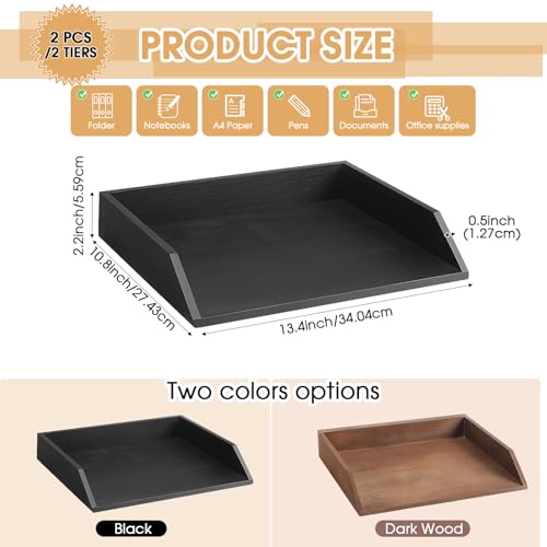Beeveer 2 Pcs Wooden Letter Tray Wood Letter-Size Desk Organizer Heavy Duty 2 Tier Stackable Support Paper Tray Desktop Drawer File Folder Magazine Office Accessories Back to School(Black) - color: Black