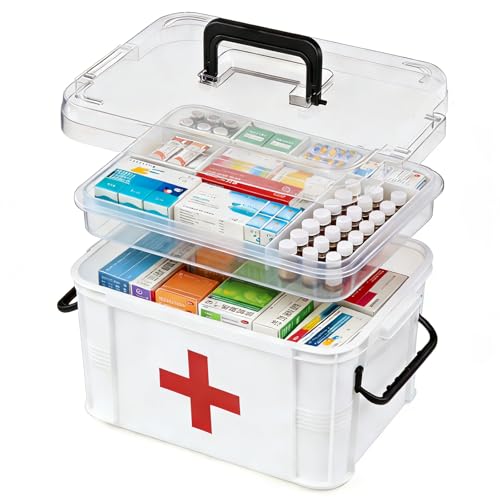 15QT Clear Medicine Organizer Box with Handle, Plastic Medicine Container with Tray First Aid Box Empty, Thickened Medicine Storage Organizer Multipurpose Medication Organizer Storage, White - color: White