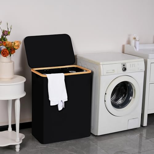 efluky Laundry Hamper with Lid, Trio Laundry Hamper with 3 Removable Bags, 3 Section Laundry Basket with Bamboo Handles for Bathroom, Bedroom & Laundry Room, 160L Black - color: Black, size: 160L Trio