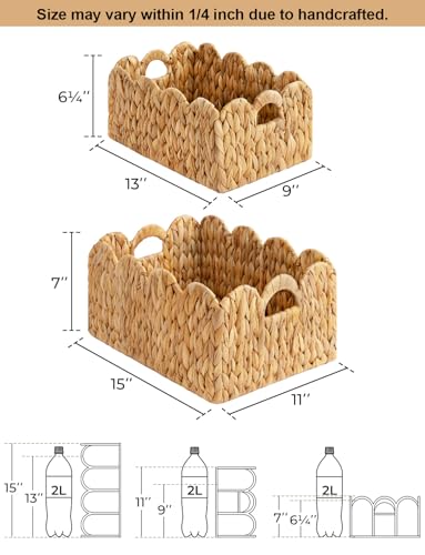 StorageWorks Scalloped Edge Wicker Basket, Hand-woven Rattan Baskets with Built-in Handles, Water Hyacinth Basket for Organizing and Decor, 2 Pack - color: Natural(Water Hyacinth), size: 15" L x 11" W x 7" H