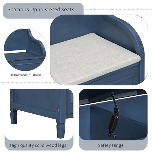 Knocbel Rustic Entry Storage Bench with Hidden Compartments and Removable Cushion, Wooden Entryway Hallway Foyer Shoe Bench Bedroom End of Bed Bench, 250lbs Weight Capacity (Antique Navy) - color: Antique Navy