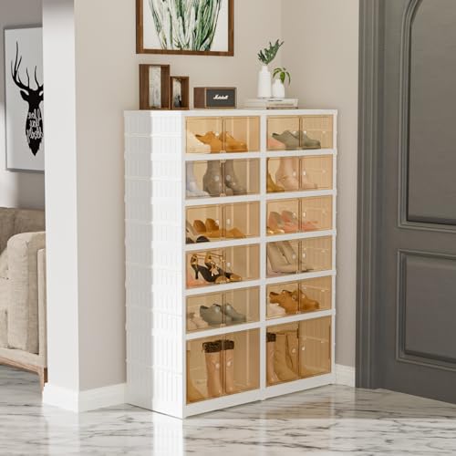 6-Tier Portable Shoe Rack Organizer for Closet, 24 Pairs Shoe Container Bins, Clear Plastic Collapsible Shoes Storage Box, Stackable Sneaker Storage Shoe Cabinet with Door - size: 6 Tiers - 24 Pairs