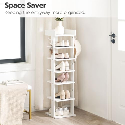HOOBRO Vertical Shoe Rack for Front Door Entryway, 7 Tier Wooden Shoe Storage Organizer with Hooks, Narrow Shoe Tower for 7 Pairs, Space Saving, for Corner, Closet, Bedroom, White WT61XJ01 - color: White