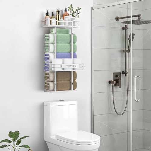 Towel Racks for Bathroom, 30inch Wall Mounted Towel Rack, Towel Storage for Small Bathroom Can Holds 6 Large Towels, Floating Shelf with Adjustable Tissue Basket.(White) - color: White