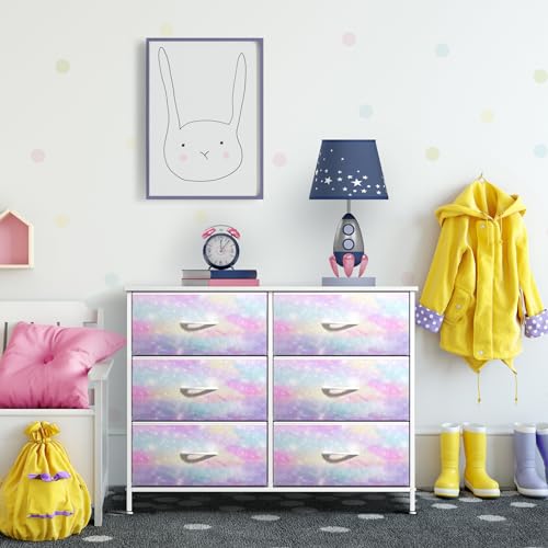 Sorbus Kids Dresser with 6 Drawers - Storage Chest Organizer Nightstand - Steel Frame, Wood Top, Tie-Dye Fabric Bins for Clothes - Wide Furniture for Bedroom, Hallway, Nursery, Closet, & Apartment - color: Rainbow Sparkle, style: 6-Drawer