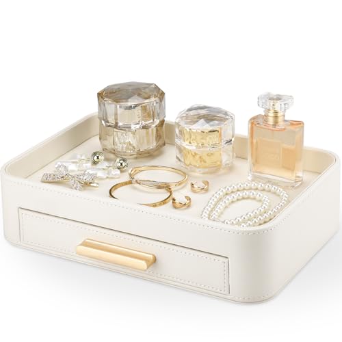 GORESE PU Leather Valet Tray with Drawer, Nightstand Organizer Catch All Tray for Jewelry Perfume Purse Trinket Key Holder, EDC Trays for Desk Vanity Entryway Table, Gift for Women Men, Cream White - color: Cream White