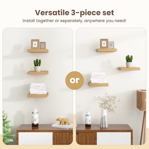 Fun Memories Floating Shelves for Wall - 9.3 Inch Square Shelves with Invisible Brackets, Small Wall Shelf for Living Room, Bathroom, Bedroom, and Kitchen Decor Set of 3 - color: Oak, size: 9.3"W x 9.3"D - 3P