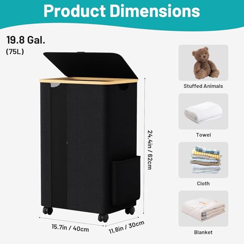 BlissTotes Laundry Basket Laundry Hamper with Lid, Collapsible Slim Laundry Hampers, Laundry Bin, Clothes Hamper Basket with Internal Support & Wheels & Handles for Bathroom, Bedroom (75L, Black) - color: Black, size: 75L