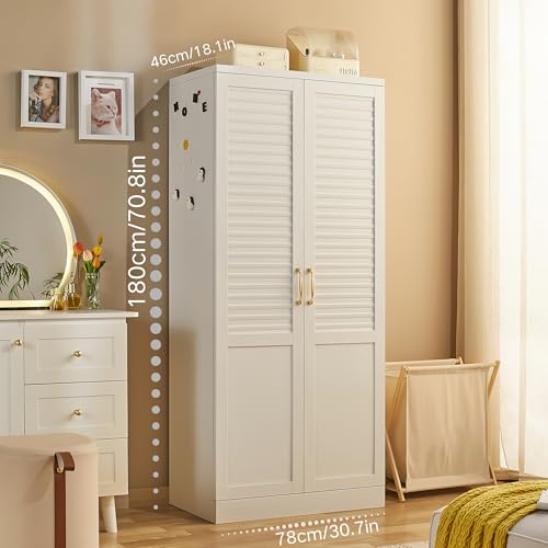 71" Tall Metal Wardrobe Closet with Hanging Rod, Adjustable Shelves – Durable Steel Armoire for Home or Office - color: Urban Essential-white