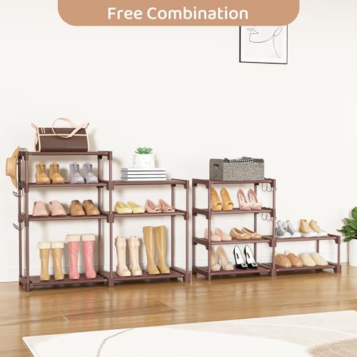 ROJASOP Shoe Rack Organizer, 8-Tier Metal Shoe Rack for Closet Entryway Garage, 26-32 Pairs Tall Shoe Boot Storage Shelf with 15 Hooks, Stackable Large Shoe Stand, Brown - color: Brown