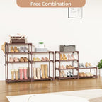 ROJASOP Shoe Rack Organizer, 8-Tier Metal Shoe Rack for Closet Entryway Garage, 26-32 Pairs Tall Shoe Boot Storage Shelf with 15 Hooks, Stackable Large Shoe Stand, Brown - color: Brown