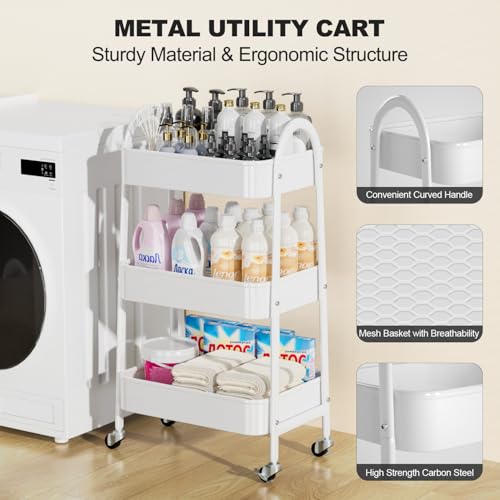 EAGMAK 3 Tier Rolling Cart Under Desk, Large Metal Storage Cart with Handle and Lockable Wheels, Big Multifunctional Storage Organizer Trolley for Kitchen, Living Room, Office, Garage (White) - color: White, size: Large