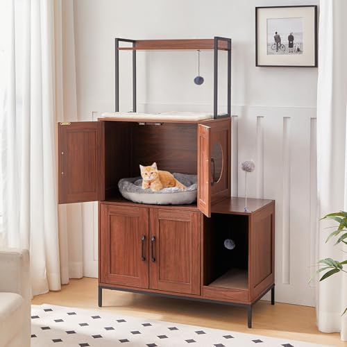 HOOBRO Litter Box Enclosure, Litter Box Furniture with Storage, 2-in-1 Hidden Cat Furniture with Shelf, 2 Dangling Plush Balls and 1 Toy Ball, Large Wooden Cat Washroom, Walnut WL78MW01 - color: Walnut