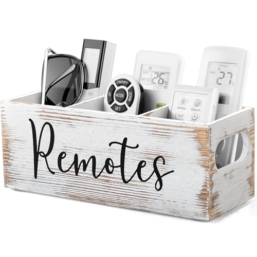 DRASTAR Remote Control Holder, Wood TV Remote Holder, Remote Storage Caddy, Remote Control Organizer (Retro White, 3 Slots) - color: Retro White, size: 3 Slots