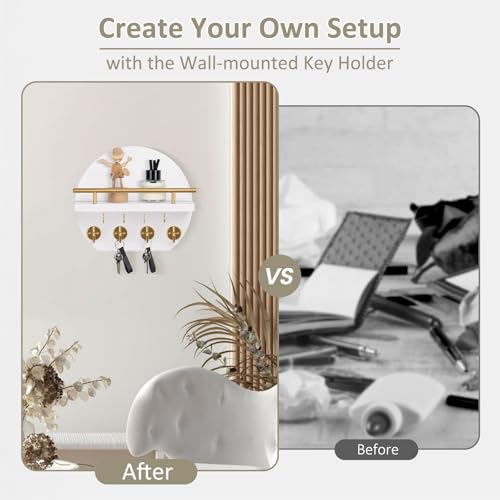 Nekon Key Holder for Wall - 9.8 Inch Apartment Wall Decor with Shelf and 8 Key Hooks, Circular Wood Key Hanger for Home Decor (White with Golden Hooks) - color: White&Gold