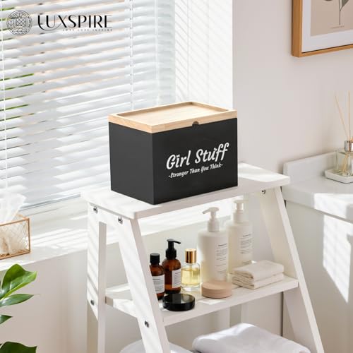 Luxspire Tampon Holder for Bathroom - Discreet Feminine Product Organizer with Lid & Wood Pad, Shark Week Tampon Storage Box, Stylish Girl Stuff Organizer for Bathroom, Black - color: Black