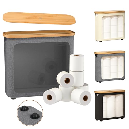 Toilet Paper Storage with Bamboo Lid,Foldable Basket Organizer for Bathroom, Holds 9 Mega/12 Regular Rolls, Waterproof Toilet Paper Holder Storage with Non-Slip Base,Gray - color: Gray