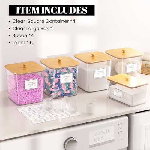 4+1 Pack Laundry Room Organization Containers,Clear Laundry Pods Container,Large Laundry Detergent Powder Storage Containers with Wooden Lids & Labels,Laundry Pods Holder for Scent Booster,Powder,Pods - style: 4+1 Pack