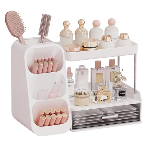Makeup Organizer for Vanity with Brush Holder, 2 Tiers Countertop Skincare, Cologne Organizer and Perfume Stand for Men Bathroom Vanity, Large Capacity Makeup Storage, Black - color: White+Clear, size: Large