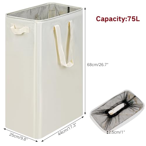 efluky Slim Laundry Basket, Narrow Laundry Hamper with Handles, Collapsible Dirty Clothes Hamper, Tall Laundry Bin for Laundry Room, Dorm and Bedroom, 19.8 Gallon (75L) Beige - color: Beige, size: 75L without Lid