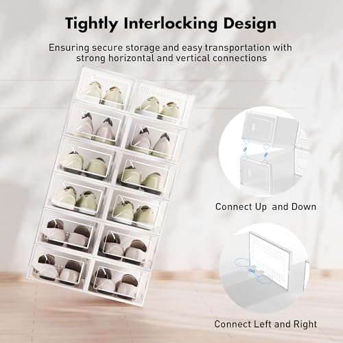 Foluck Shoe Storage Box, 15 Pack Clear Plastic Stackable Shoe Organizer for Closet, Interlocking Design Shoe Container Bins for Sneakers, Foldable Shoe Rack with Lids, White - color: White