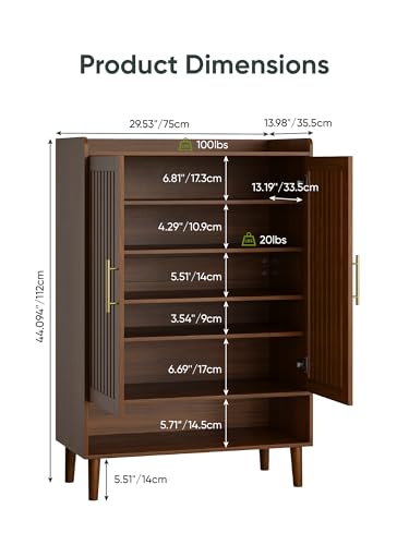Smart FENDEE 6-Tier Large Shoe Storage Cabinet with 2 Doors, Freestanding Shoe Cabinet with Adjustable Shelves, Hidden Entryway Shoe Organizer for Hallway, Foyer, Walnut - color: Walnut, size: 44" H