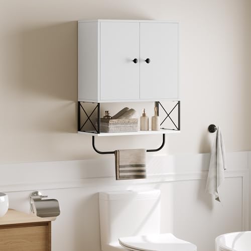 MAHANCRIS Bathroom Wall Cabinet with 2 Door and Adjustable Shelf, Farmhouse Medicine Cabinet with Towel Rack, 3-Tier Wall Mounted Storage Cabinet Over The Toilet for Bathroom, 18.9" L, White - color: White, size: 18.9"L x 7.9"W x 26.1"H