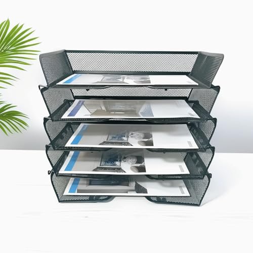 5 Tier Metal Mesh Desk Organizer-Stackable Letter Trays for Office Supplies,Black File Storage System with Reinforced Edges