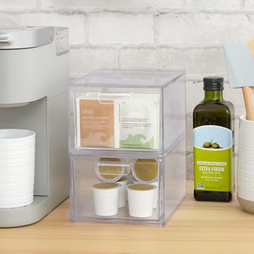 STORi Audrey Stackable Clear Bin Plastic Organizer Drawers | 2 Piece Set | Organize Cosmetics and Beauty Supplies on a Vanity | Made in USA - size: 4.5" Tall Set