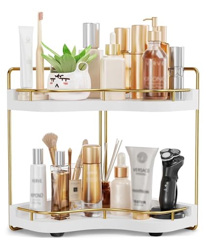 2-Tier Corner Bathroom Counter Organizer with Embedded Screw Holes, Secure & Stable Wood Vanity Shelf for Makeup and Skincare Essentials - Space Saving Bathroom Countertop Storage, White Gold - color: White Gold