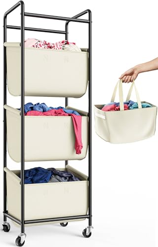 3 Section Laundry Sorter with Removable Bags, 120L Rolling Vertical Laundry Hamper, Stackable Laundry Baskets organizer for Bathroom, Apartment, Dorm (Beige, With Wheel) - color: Beige, size: With Wheel