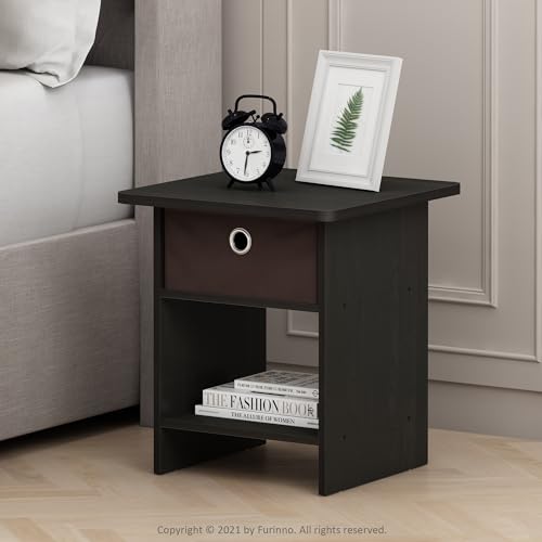 Furinno DARIO Side Table, Square End Table with Storage Bin, Round Corner Night Stand, Bedside Table with Open Back Shelf, for Living Room, Bedroom, Espresso - color: Espresso/Brown, size: 1-Pack, Upper Bin