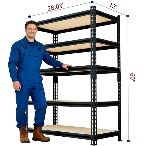 60" H x 28.03" W x 12" D Utility Shelves for Kitchen Pantry: 5-Shelf Storage-Rack Adjustable Metal+Wood Steel Stand Closet/Garage Shelving Unit Organizer System for Basement, Small (Black)