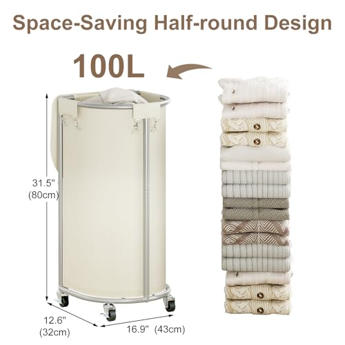 Rolling Laundry Basket with Lid, 100L Laundry Hamper with Wheels, Half Round Laundry Cart with Removable Bag, Sturdy Metal Frame Dirty Clothes Organizer for Bathroom, Bedroom, Beige - color: Beige, size: 100L(16.9"L x 12.6"W x 31.5"H)