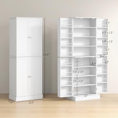 HOMCOM 65" Kitchen Pantry Storage Cabinet, Freestanding Kitchen Cabinet with 16 Door Shelves, Double Doors, 8-Tier Shelving and Adjustable Shelves, White - color: White, size: 65"H