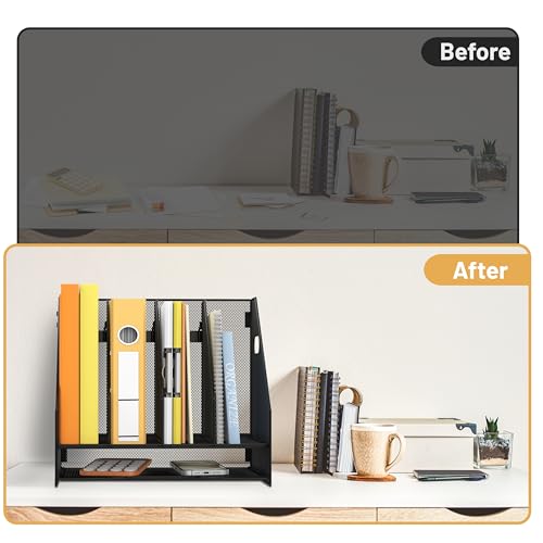DALTACK Magazine File Holder, 4 Vertical Compartments Rack Binder Organizer with Paper Tray, Metal Magazine Organizer for Office, Home, School (Black) - size: 4Rack