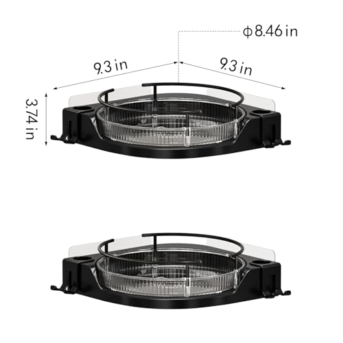 360°Rotating Corner Shower Caddy(2-Pack), No-Drill Adhesive Shower Shelf Organizer with Hooks, Lazy Susan Bathroom Storage for Bathtub, Shower Corner & Kitchen Sink, Space Saving Bathroom Organizer - color: Dark Black