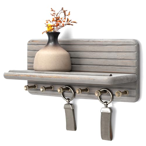 Rebee Vision Pine Wood Key Holder Wall Mount for Room Decor Aesthetic – Wooden Key Holder for Wall with 6 Hooks & Floating Shelf - Farmhouse Home Organization Accent (Distressed Gray) - color: Distressed Gray, size: Medium-11inch