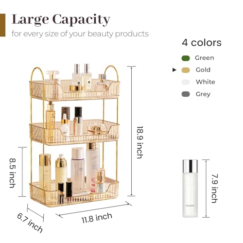 Bathroom Counter Organizer Countertop, 3 Tier Makeup Perfume Shelf Storage, Skincare Cosmetic Tray for Dresser Vanity - Gold - color: Amber Gold, size: 3 Tier