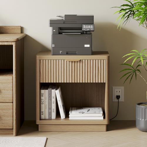 Fluted Nightstand with Charging Station, 22.8Inch Wide Bedside Table End Table with Drawer, Curved Corners, Modern Bedside Table for Bedroom, Living Room, Sofa, Oak - color: Rectangle - Oak