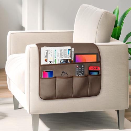 TV Remote Control Holder Couch Caddy, Non-slip Bedside Caddy Organizer with 5 Pockets for Key Glasses Phone Magazine Holders (Brown, 35''x18'') - color: Brown, size: 35''x18''