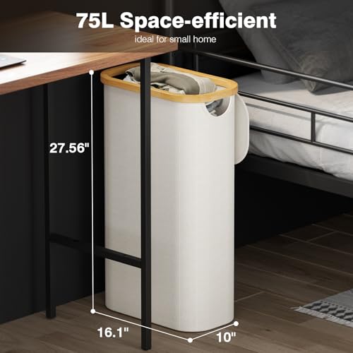 Bathola 75L Slim Laundry Hamper with Lid, Dirty Clothes Hampers for Laundry, Collapsible Laundry Baskets for Small Spaces, Bedroom, Bathroom, Laundry Room, Beige - color: Beige, size: 75L