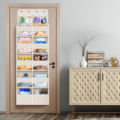 Univivi 6-Shelf Baby Door Storage Over Door Fabric Hanging Organizer with 10 Deep Pockets and 4 Small PVC Pockets Wall Mount Hanging Storage Organizers for Baby Essential (Beige) - color: Beige (Upgraded), size: 6 LAYER